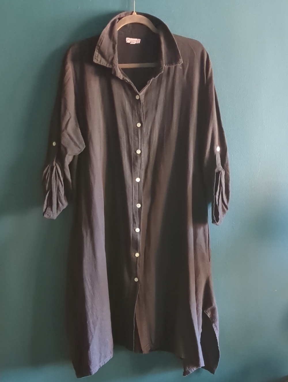 Linen/Cotton Blend Black Button-Front Shirt Dress/Duster